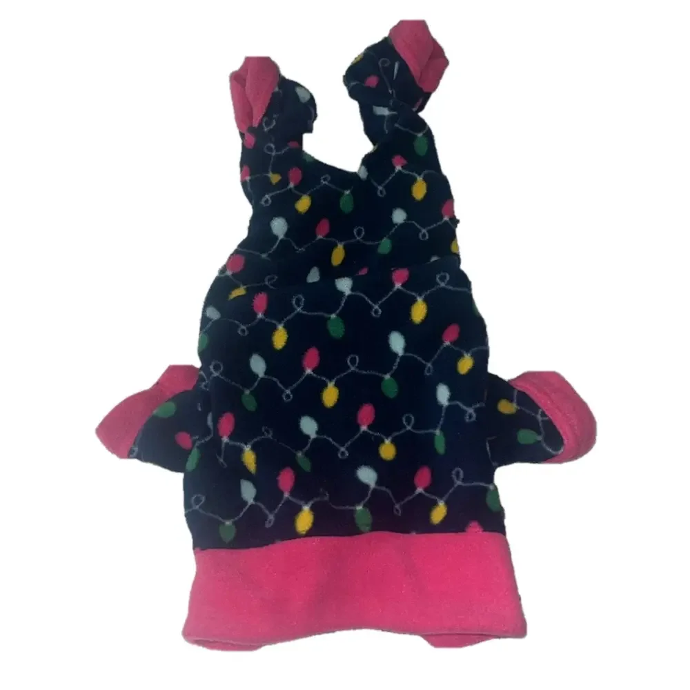 small dog blue and pink christmas lights jammie’s